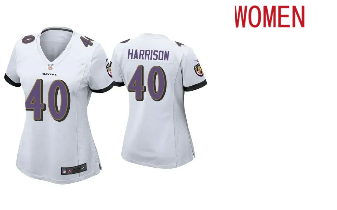 Women Baltimore Ravens #40 Malik Harrison Nike White Game NFL Jersey->women nfl jersey->Women Jersey